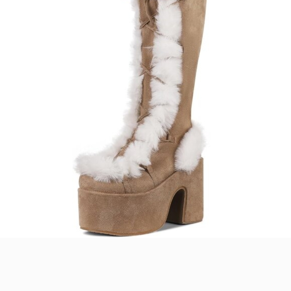 Women's Tan/Apricot Mid Calf Lace Up Chunky High Heel Fur Boots/ WORN ONCE 8